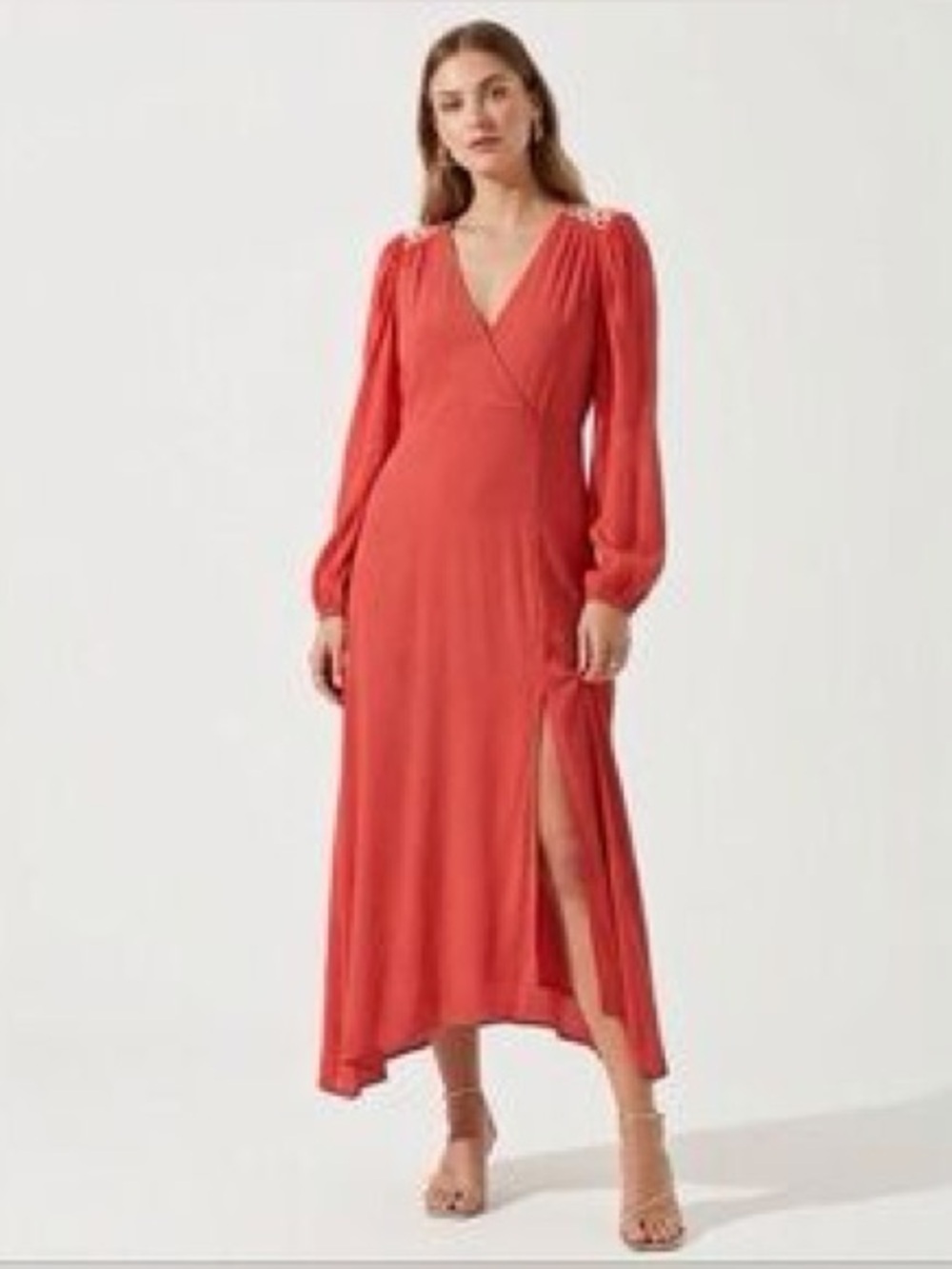REVOLVE NSR Orange Red Long-Sleeve V-Neck Midi Dress Front Slit Mesh Back XS